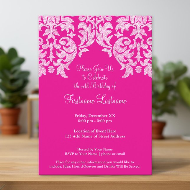 Hot Pink and Lime Girly Damask Pattern Invitation (Unique Invitation)