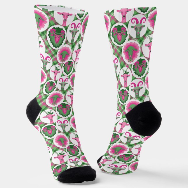 Hot Pink and Lime Green Hipster Goats Socks (Angled)