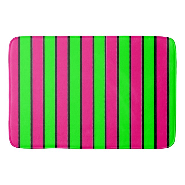 Hot Pink and Lime Green Stripes Bath Mat (Front)