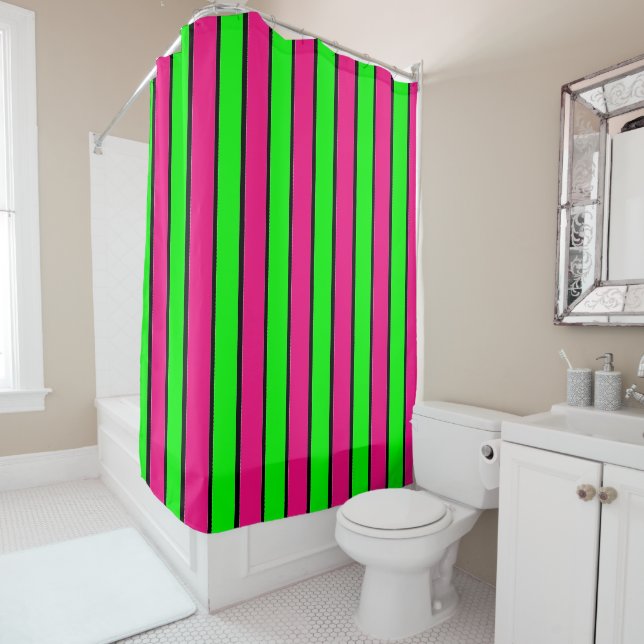 Hot Pink and Lime Green Stripes Shower Curtain (In Situ)
