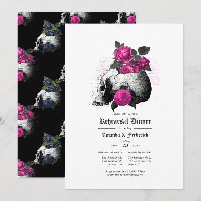 Hot-Pink and Navy Blue Gothic Rehearsal Dinner Invitation (Front/Back)