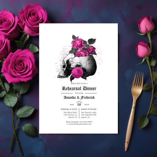 Hot-Pink and Navy Blue Gothic Rehearsal Dinner Invitation (Gothic Rehearsal Dinner)