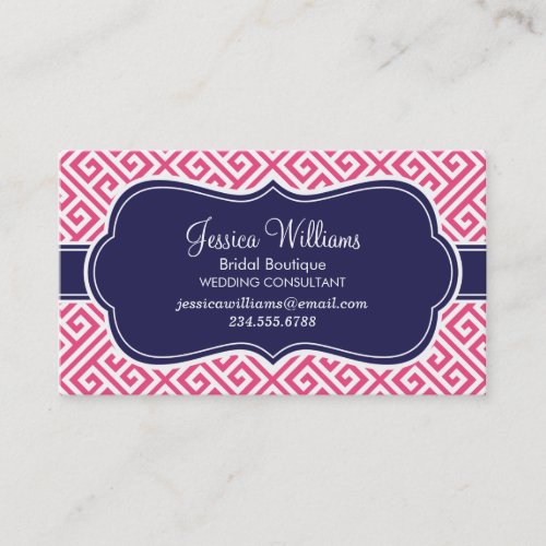 Hot Pink and Navy Blue Greek Key Pattern Business Card Template