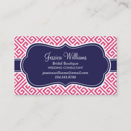 Customizable Hot Pink and Navy Blue Greek Key Pattern Business Card Template