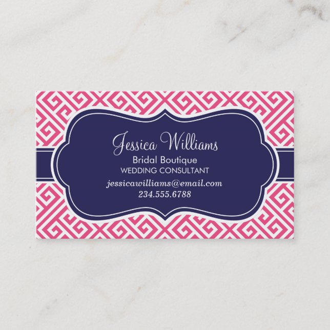 Hot Pink and Navy Blue Greek Key Pattern Business Card (Front)