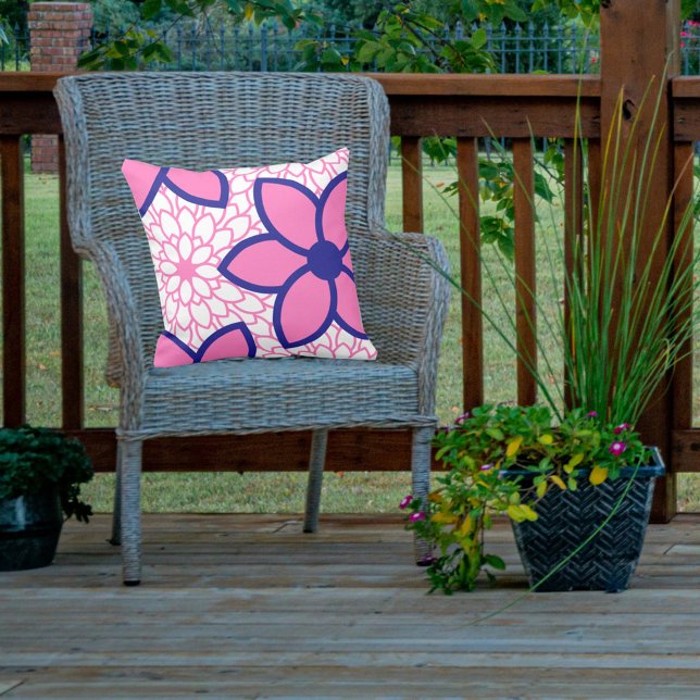Hot Pink and Navy Blue Modern Floral Throw Pillow (Creator Uploaded)