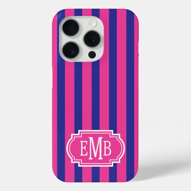 Hot Pink and Navy Blue Monogrammed Stripes Case-Mate iPhone Case (Back)