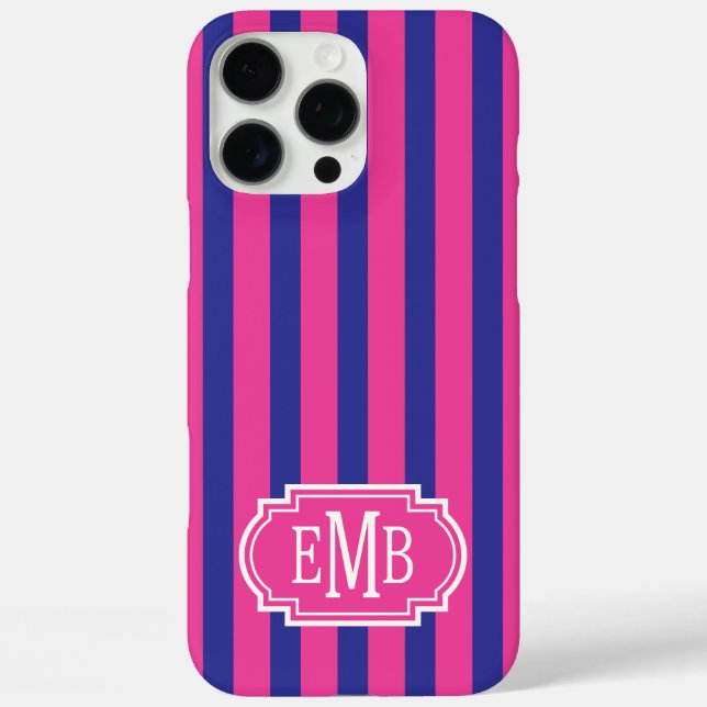 Hot Pink and Navy Blue Monogrammed Stripes Case-Mate iPhone Case (Back)