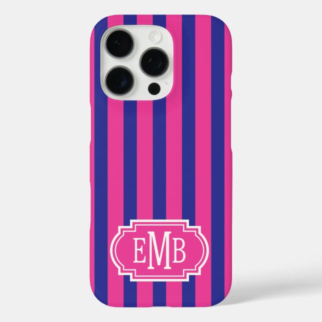 Hot Pink and Navy Blue Monogrammed Stripes Case-Mate iPhone Case (Back)