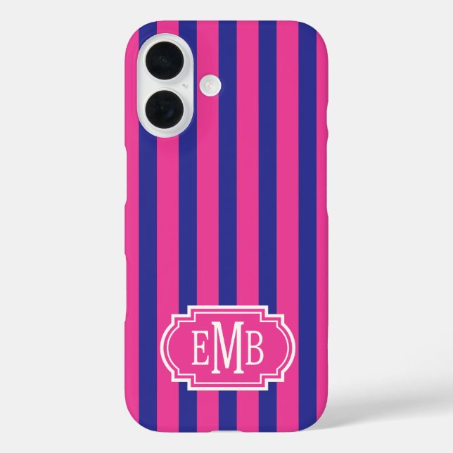 Hot Pink and Navy Blue Monogrammed Stripes Case-Mate iPhone Case (Back)