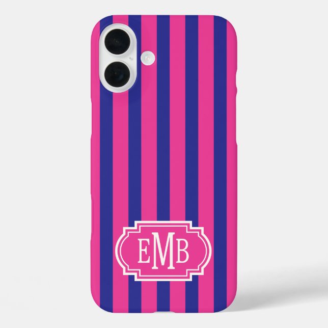 Hot Pink and Navy Blue Monogrammed Stripes Case-Mate iPhone Case (Back)
