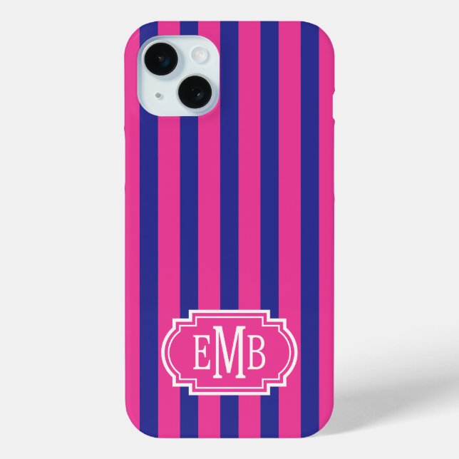 Hot Pink and Navy Blue Monogrammed Stripes Case-Mate iPhone Case (Back)