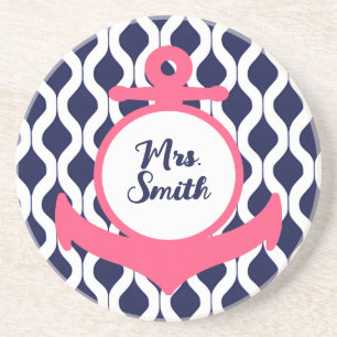 Hot Pink and Navy Blue Nautical Anchor Coaster