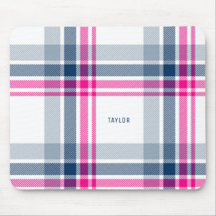Hot Pink and Navy Blue Plaid Pattern Personalized Mouse Pad