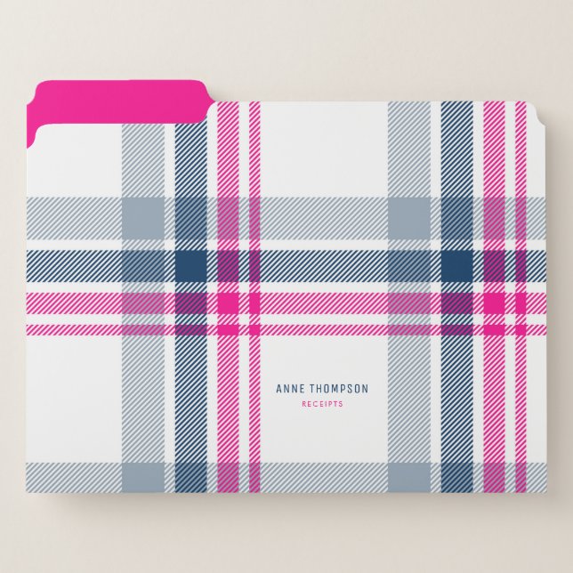 Hot Pink and Navy Blue Plaid Pattern Preppy Custom File Folder (Front Left)