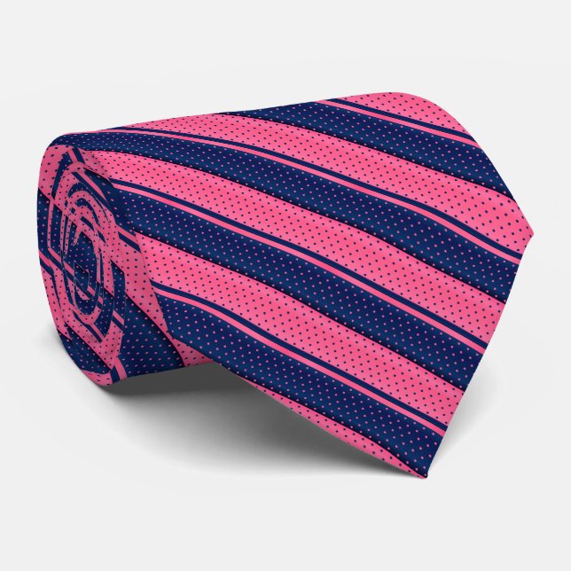 Hot Pink and Navy Blue Polka Dot Stripes Neck Tie (Rolled)