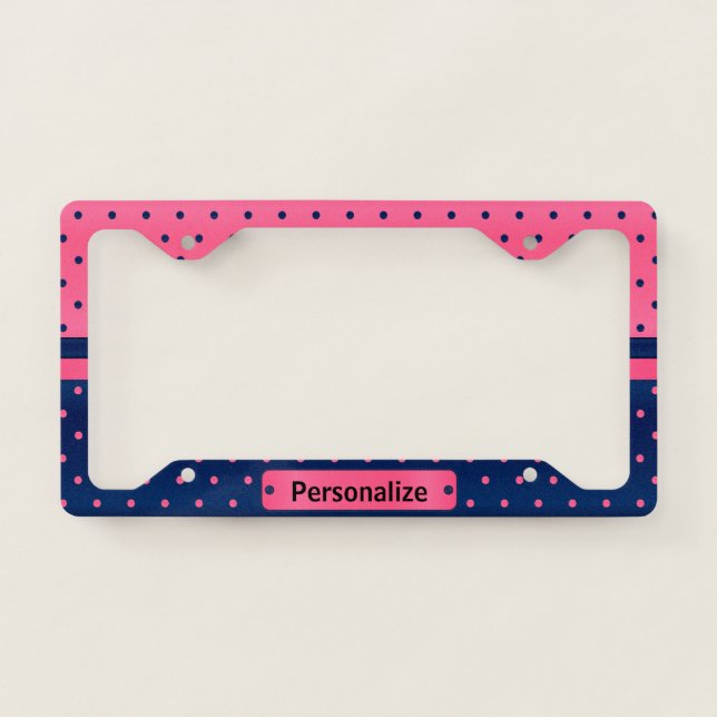 Hot Pink and Navy Blue Polka Dots License Plate Frame (Front)