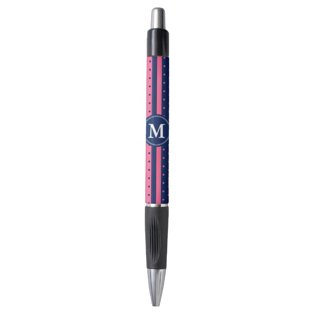 Hot Pink and Navy Blue Polka Dots Pen (Front Vertical)