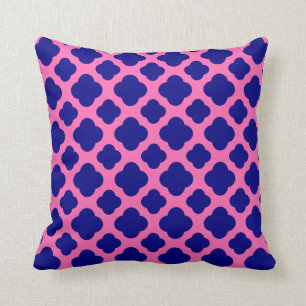 Hot Pink and Navy Blue Quatrefoil Pattern Throw Pillow