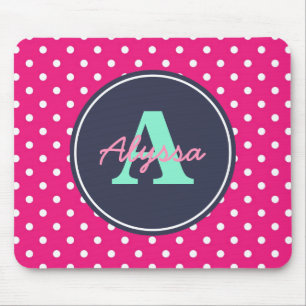Hot Pink and Navy Dots, Initial, and Name Mouse Pad