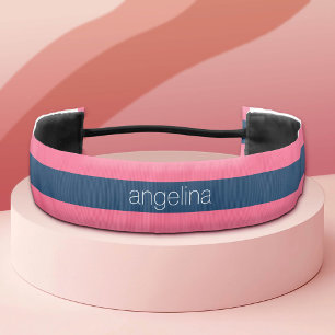 Hot Pink and Navy Modern Rugby Stripes with Name Athletic Headband