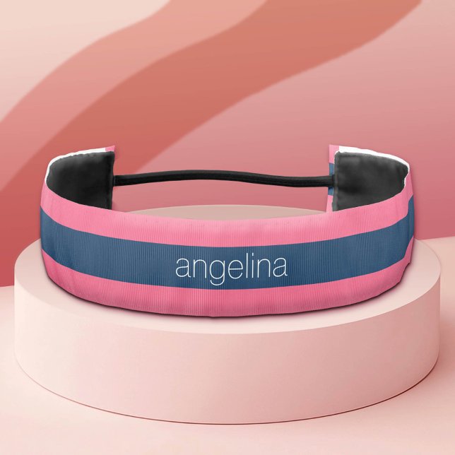Hot Pink and Navy Modern Rugby Stripes with Name Athletic Headband (Custom Hairband)