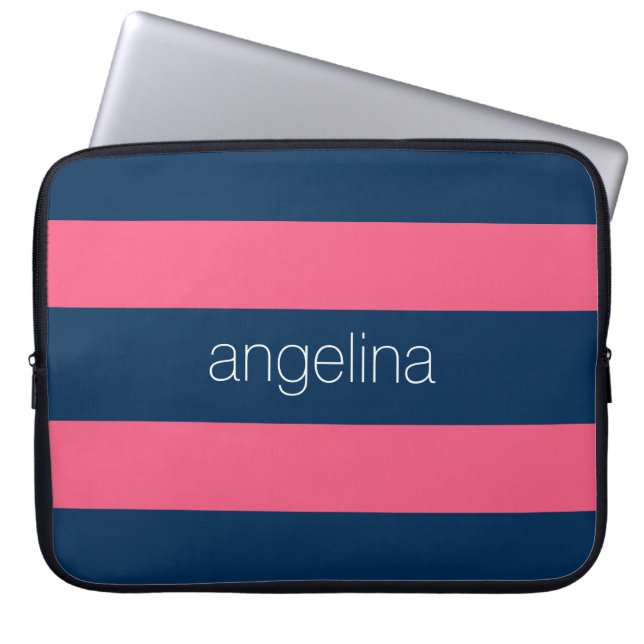 Hot Pink and Navy Modern Rugby Stripes with Name Laptop Sleeve (Front)
