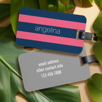 Hot Pink And Navy Modern Rugby Stripes With Name Luggage Tag by iphone_ipad_cases at Zazzle