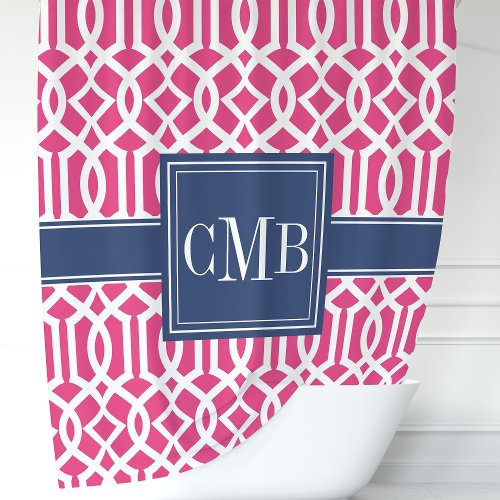 Hot Pink And Navy Moroccan Trellis Monogram Shower Curtain