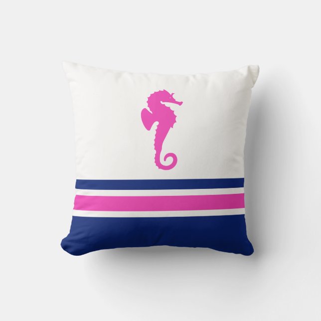 Hot Pink and Navy Sea Horse Nautical Throw Pillow (Front)