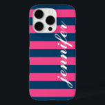 Hot Pink and Navy Stripes Custom Script Monogram iPhone 16 Pro Case<br><div class="desc">Dress up and protect your iphone with a preppy,  modern and bold striped pattern design that is custom monogrammed with your first name in a lowercase script font.  Dark navy / indigo blue and hot magenta pink horizontal stripes contrasted with white text.</div>