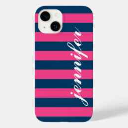 Hot Pink and Navy Stripes Custom Script Monogram Case-Mate iPhone 14 Case