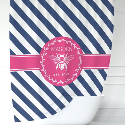 Hot Pink And Navy Stripes Honey Bee Monogram Shower Curtain