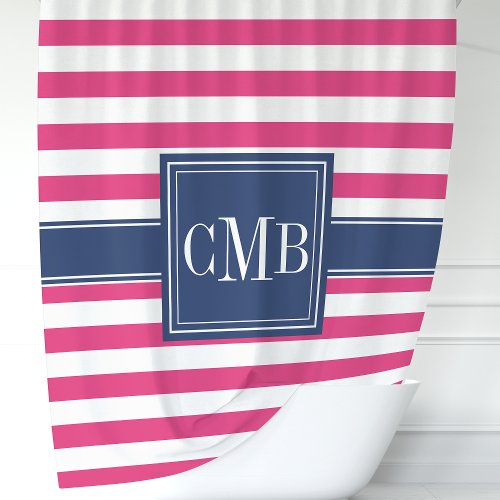 Hot Pink And Navy Stripes Nautical Monogram Shower Curtain