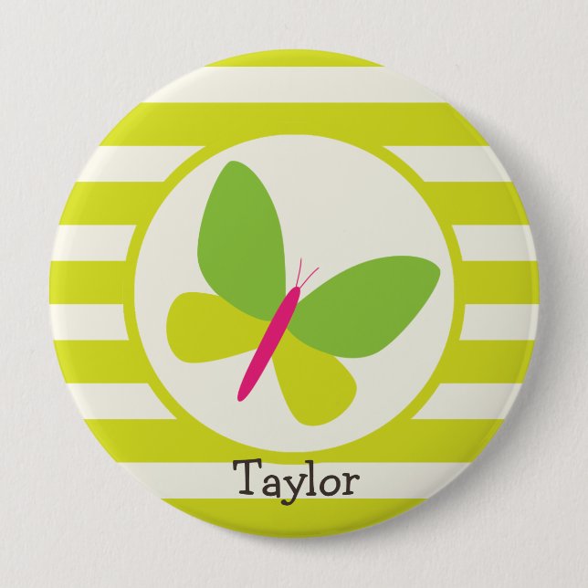 Hot Pink and Neon Green Butterfly; Stripes Pinback Button (Front)