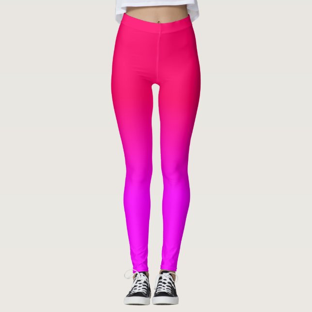 Hot Pink and Neon Pink Ombre Shade Color Fade Leggings (Front)