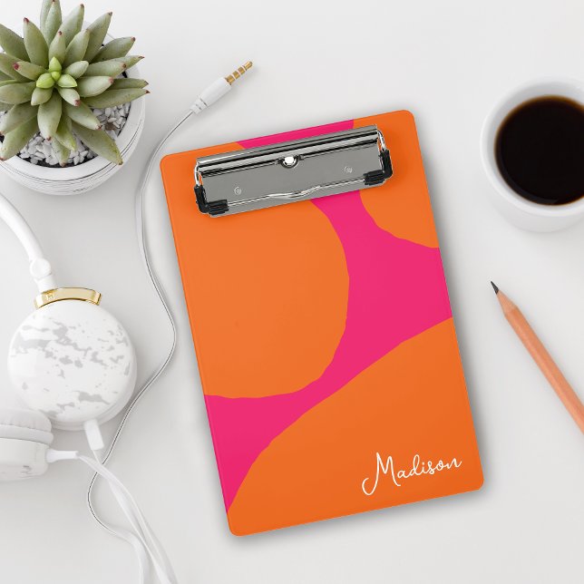 Hot Pink and Orange Abstract Pattern with Name Mini Clipboard (Brighten up your workspace with this colorful mini clipboard personalized with your name!)