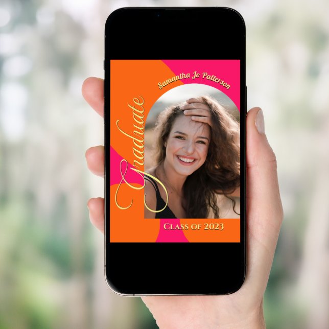 Hot Pink and Orange Arch Photo Graduation Party Invitation (Front Digital)