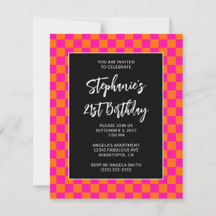 Hot Pink and Orange Checkered Bold 21st Birthday