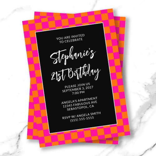 Hot Pink and Orange Checkered Bold 21st Birthday Invitation