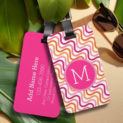 Hot Pink and Orange Chevron Wave Pattern Monogram Luggage Tag