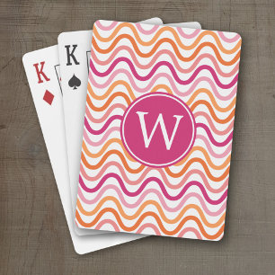 Hot Pink and Orange Chevron Wave Pattern Monogram Poker Cards