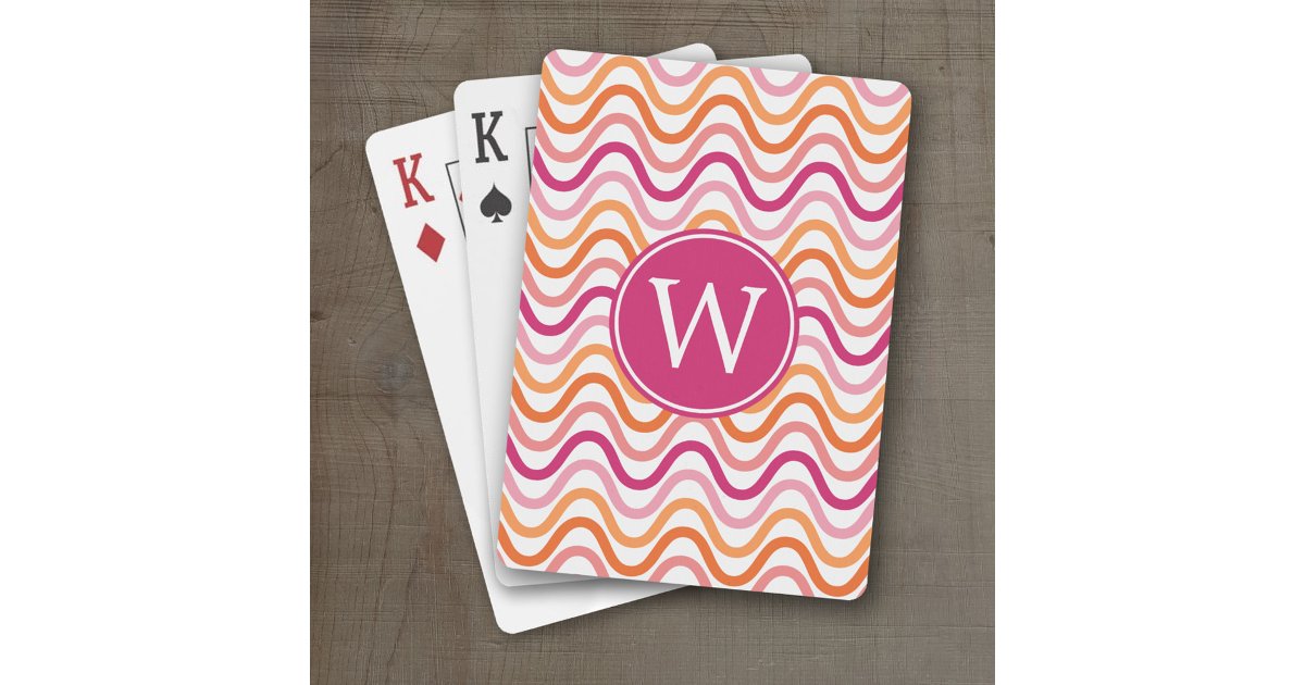 Hot Pink and Orange Chevron Wave Pattern Monogram Poker Cards | Zazzle