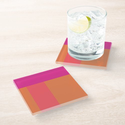 Hot Pink And Orange Color Blocks Glass Coaster