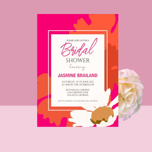 Hot Pink and Orange Daisy Abstract Floral Bridal Invitation
