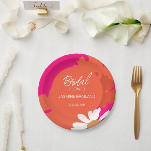 Hot Pink and Orange Daisy Abstract Floral Bridal  Paper Plates