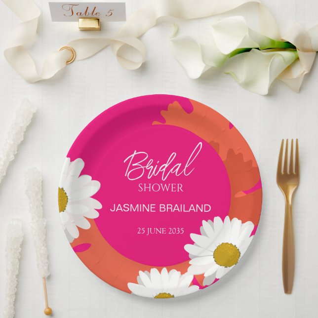 Hot Pink and Orange Daisy Abstract Floral Bridal  Paper Plates (Wedding)