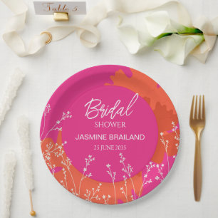 Hot Pink and Orange Daisy Abstract Floral Bridal Paper Plates