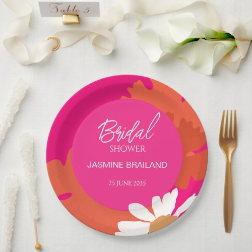 Hot Pink and Orange Daisy Abstract Floral Bridal  Paper Plates