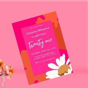 Hot Pink and Orange Daisy Floral Birthday Party Invitation